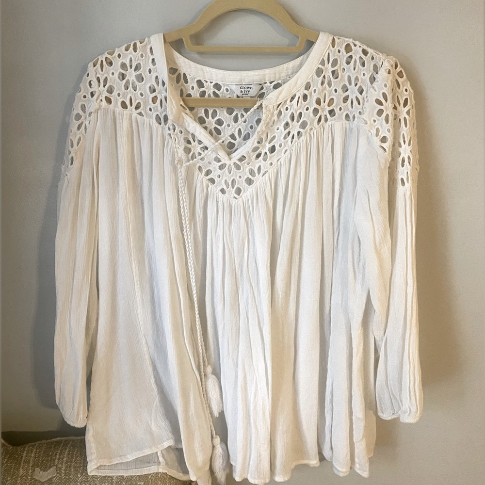 White eyelet blouse from Crown and Ivy.